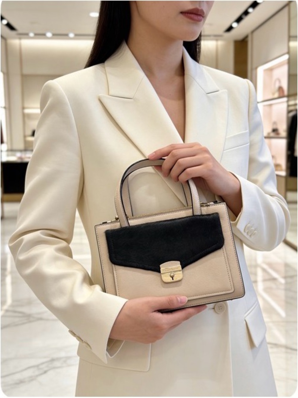 Kate SpadeTwo-Tone Dove Grey and Black Leather Top-Handle Satchel